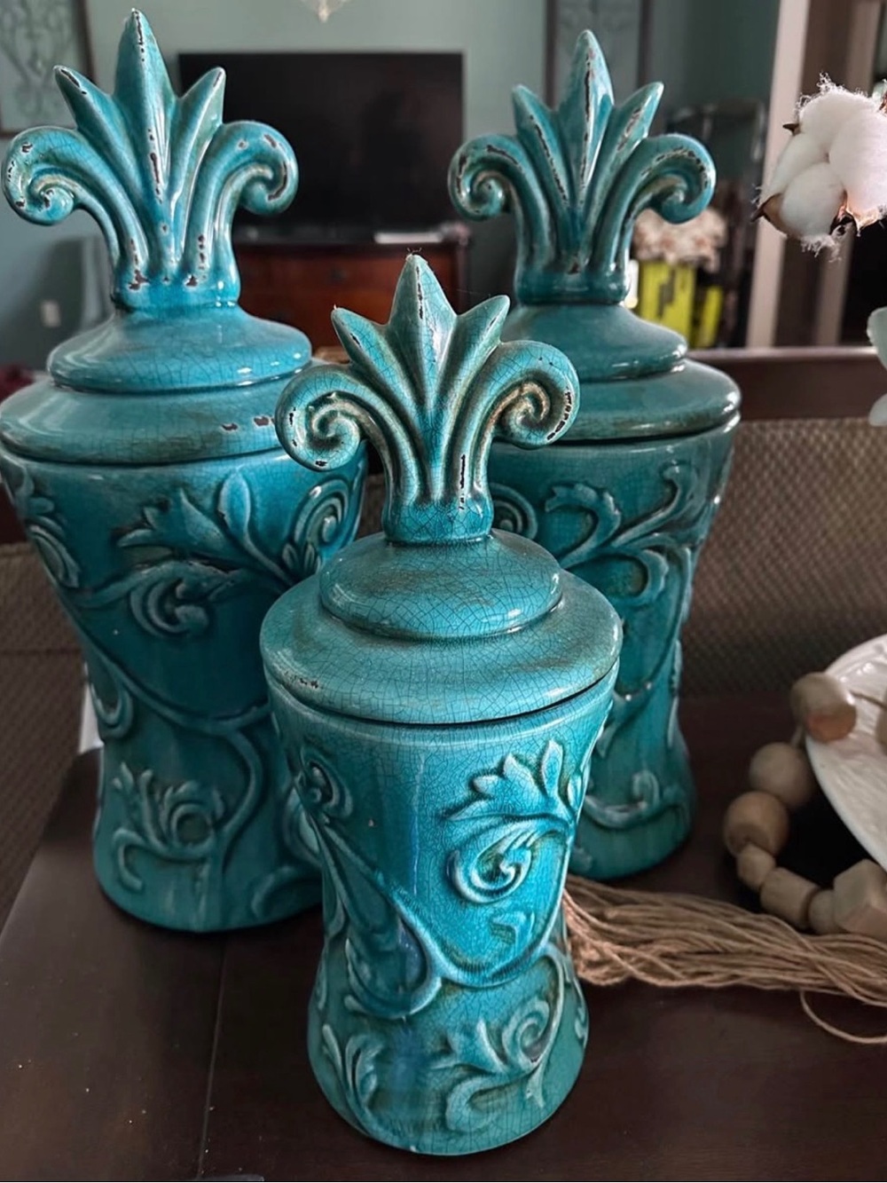Turquoise Decorative Ceramic Apothecary Jar with Fleur-de-Lis Lid